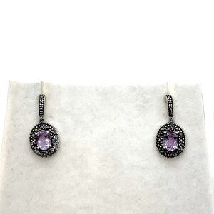 Vtg Sterling Silver Amethyst & Marcasite Dangle Stud Post 925 Earrings | .9” L